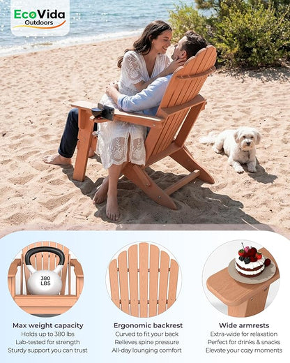 Oversized Adirondack Chair with Dual Cup Holders, Ergonomic High Back HDPE Fire Pit Chair, 380lbs Capacity All-Weather Outdoor Patio Lounge Chair for Garden, Deck, Yard - Cedar