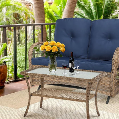 MEETWARM Wicker Patio Coffee Table, 34.5" Rectangle Outdoor Coffee Table with Tempered Glass Top and 2-Tier Storage Shelf, All-Weather Rattan Patio Side Table for Outside Poolside Deck Garden, Brown