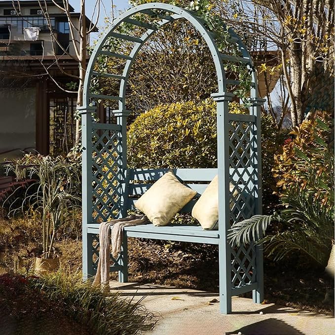 Heavy Duty Garden Arch, Metal Garden Arbor with Bench, Two People Seat Rose Arch for Lawn Backyard Patio Outdoor Climbing Plant(Blue)