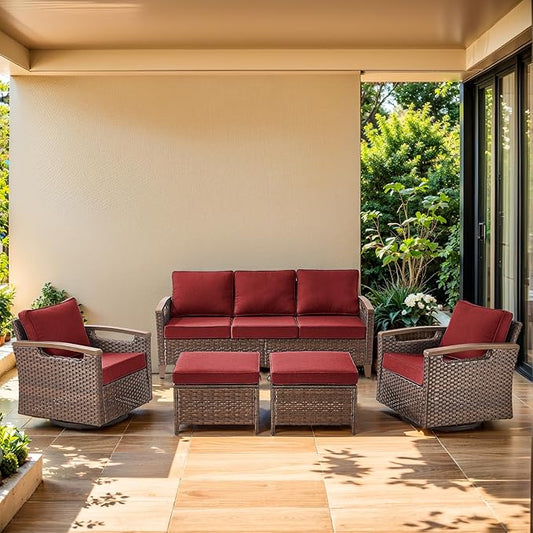 Luxury 5 Piece Heavy Duty Patio Furniture Set with Swivel Chairs - All Weather Wicker Comfort Thick Cushion Outdoor Conversation Set with 3 Seat Sofa & Ottoman for Porch Poolside Deck - Red
