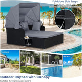 RELAX4LIFE Patio Outdoor Daybed with Canopy, Wicker Sunbed w/Cushions, 4 Pillows & 2 Retractable Side Trays - Photo 8