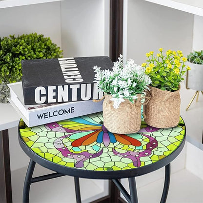 12 Inch Small Outdoor Side Table with Colorful Butterfly, Glass Mosaic Patio Table Indoor, Round Plant Coffee Table for Living Room, Balcony, Garden