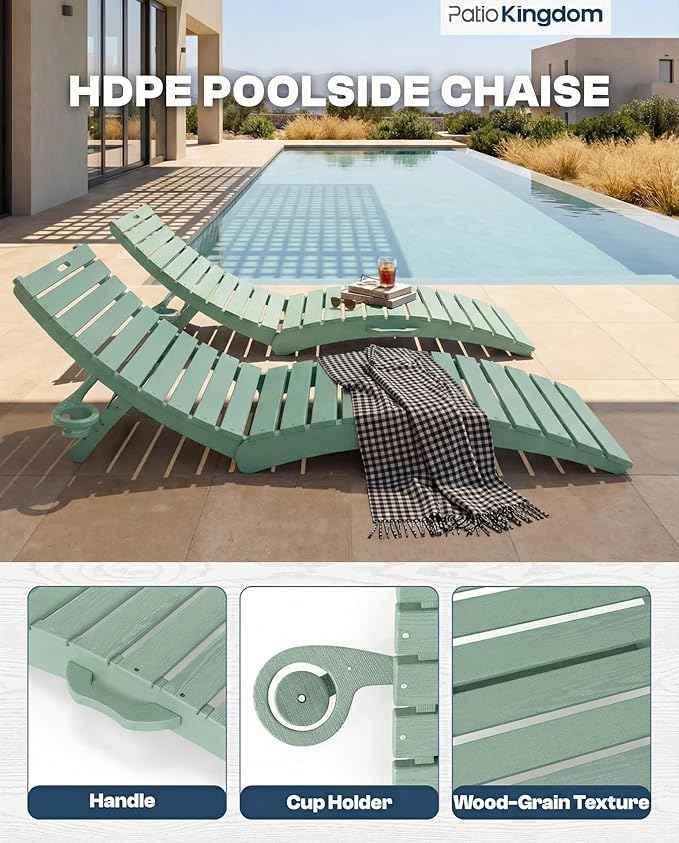in-Pool Lounge Chairs Set of 2, Folding HDPE Pool Chairs Anti-Floating No Sandbags with Cup Holder & Handles, Outdoor Chaise Lounge for Poolside, Patio & Sun Deck(Mint)