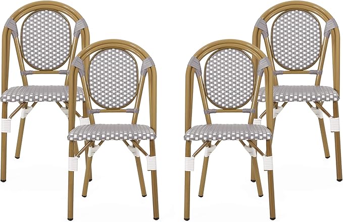 Christopher Knight Home Gwendolyn Outdoor French Bistro Chairs (Set of 4), Gray + White + Bamboo Print Finish - Photo 1