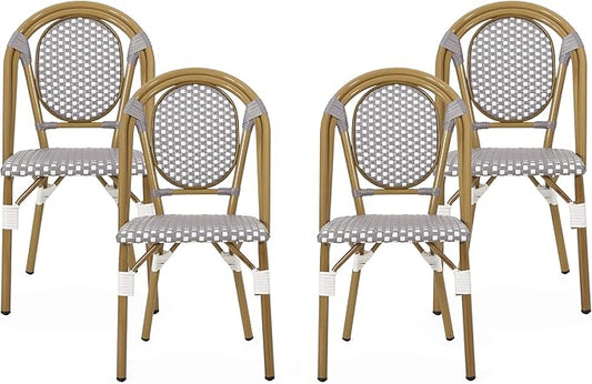 Christopher Knight Home Gwendolyn Outdoor French Bistro Chairs (Set of 4), Gray + White + Bamboo Print Finish