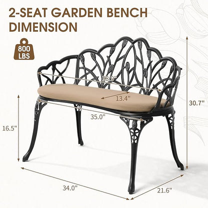 Outdoor Bench with Cushion, Cast Aluminum Double Seating with Backrest and Armrests, Mental Outdoor Furniture for Patio, Porch, Garden, Park, Black Tulip
