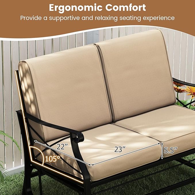 Giantex 2-Person Outdoor Glider, Rocking Chair Loveseat with Detachable Thick Cushions, Metal Frame, 660Lbs Capacity - Photo 8