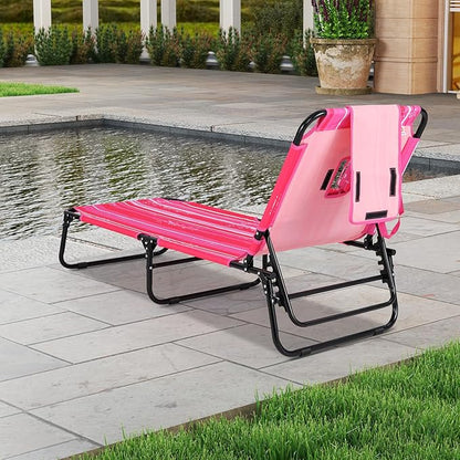 GYMAX Tanning Chair, 330lbs Beach Lounge Chair with Face Hole, Washable Pillow & Carry Strap, Adjustable Folding Chaise Lounge, Layout Lounger for Outside, Patio, Poolside, Lawn (1, Pink Stripe)