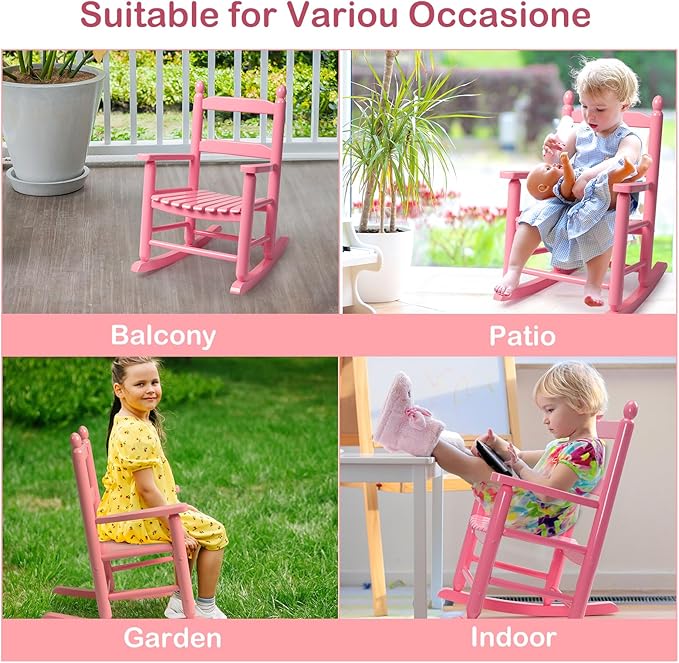 Outvita Outdoor Children's Rocking Chair, All-Weather Wooden Porch Rocker with High Backrest, Ideal for Garden, Yard, and Balcony, Patio Rocking Chair Suitable for Kids Ages 3-6(Pink)