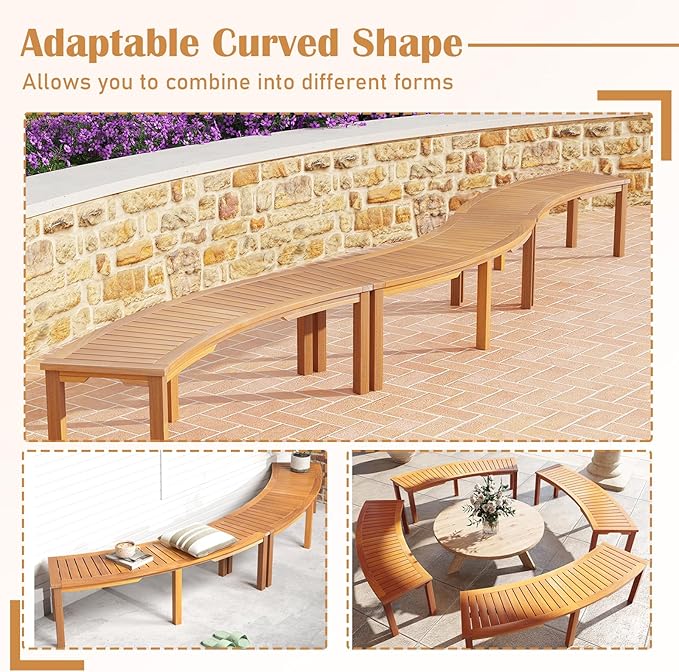RELAX4LIFE Wooden Outdoor Curved Bench - Acacia Wood Garden Bench w/Slatted Seat, 2-Person Outside Backless Seating for Porch Backyard Deck Park, 800 LBS Load Capacity, Patio Fire Pit Bench (1, 58'')