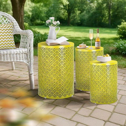 Outvita Outdoor Nesting Tables Set of 3, Heavy Duty Metal Frame Accent Modern End Table, Portable Side Table for Indoor, Outdoor, Living Room, Meander Pattern - Yellow