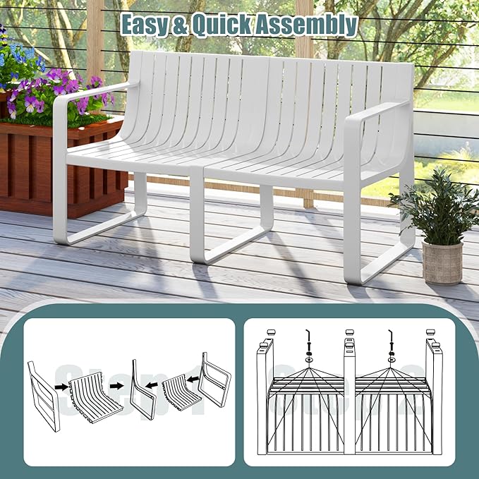 Tangkula Patio Loveseat, Weather-Resistant Plastic 2-Person Bench with Curved Backrest, Outdoor Conversation Furniture with Slatted Design for Patio, Poolside, Backyard, Garden, Deck, Lawn (White)