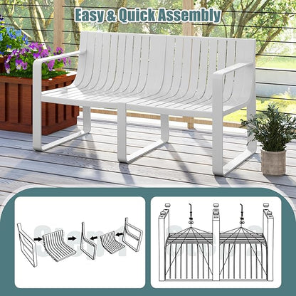 Tangkula Patio Loveseat, Weather-Resistant Plastic 2-Person Bench with Curved Backrest, Outdoor Conversation Furniture with Slatted Design for Patio, Poolside, Backyard, Garden, Deck, Lawn (White)
