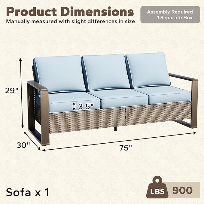 75" Patio Metal Wicker Sofa, All Weather Outdoor Rattan 3-Seat Sofa Couch with Premium Cushions & Rectangular Framed - Photo 2