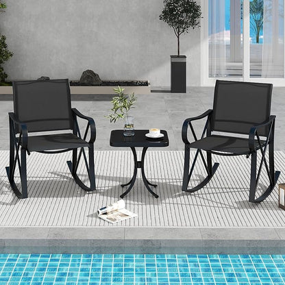 Tangkula 3 Piece Patio Rocking Set, 2 Rocking Chairs with Tempered Glass Side Table, Small Patio Furniture Set with Smooth Rocking Motion, Outdoor Rocker Chairs Bistro Set for Porch, Balcony (Black)