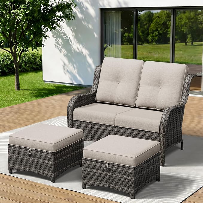 3-Piece Outdoor Couch Set, 1 Wicker Patio Loveseat with Thickened Olefin Cushions, High Back and Deep Seating, Hand-Woven PE Rattan and 2 Ottomans, Patio Conversation Set for Porch, Deck