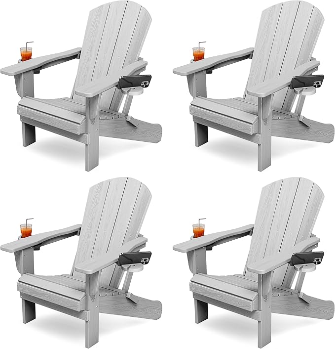 KINGYES Folding Adirondack Chair Set of 4, Dual Cup Holders & All-Weather HDPE, Wood-Like Patio Chair for Backyard, Camping, Pool & Fire Pit, Silver Grey