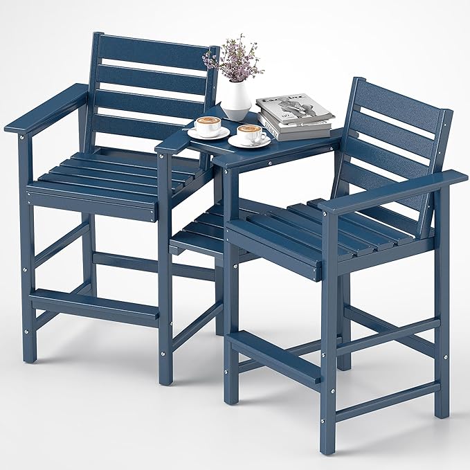 Tall Adirondack Chair Set of 2 ,HDPE Adirondack Bar Stools with Removable Connecting Trays ,Weather Resistant Balcony Chair,Outdoor Adirondack Bar Chairs for Patio,Pool,Garden, Backyard Navy Blue