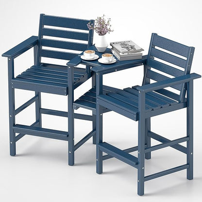 Tall Adirondack Chair Set of 2 ,HDPE Adirondack Bar Stools with Removable Connecting Trays ,Weather Resistant Balcony Chair,Outdoor Adirondack Bar Chairs for Patio,Pool,Garden, Backyard Navy Blue