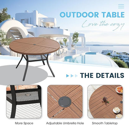 Patio Dining Table for 4, Round Metal Outdoor Table with Storage Shelf, 1.57" Umbrella Hole, 41" Outdoor Quartered Tabletop Dining Table for Backyard, Porch, Lawn, Walnut