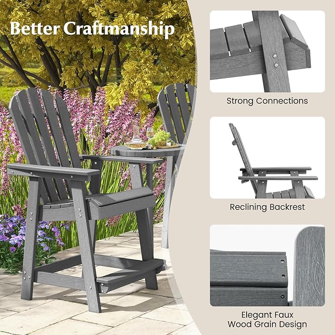 Tangkula Outdoor Bar Stool, HDPE Tall Adirondack Chair with Armrest & Footrest, Weather Resistant 47 Inch Counter Height Barstool Lifeguard Chair for Pool Deck Patio Garden, Balcony Chairs (2, Gray)