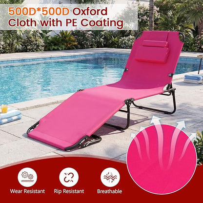 Tangkula Beach Lounge Chair, Folding Sunbathing Recliner with Face Hole, Face Down Tanning Chair with 4-Level Adjustable Backrest & 3 Removable Pillows, Chaise Lounge Chair for Patio (2, Pink)