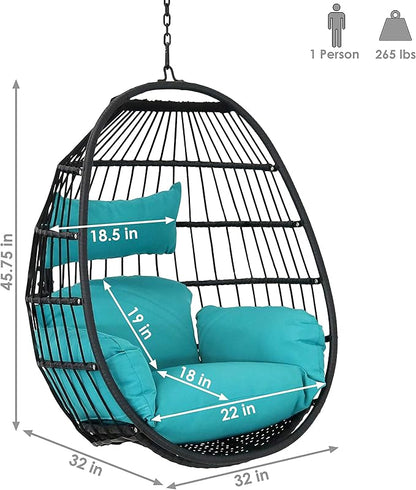 Sunnydaze Dalia Black Steel and Polyethylene Wicker Hanging Egg Chair with Teal Polyester Seat Cushions - 45-Inch Tall