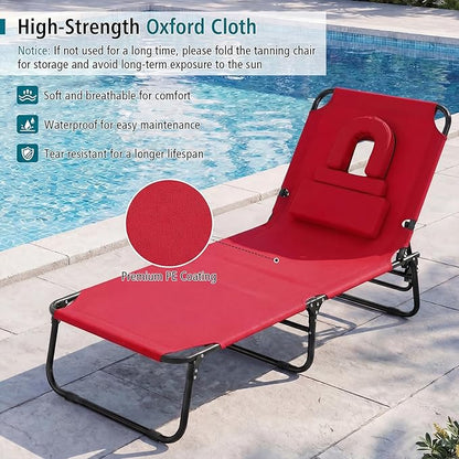 GYMAX Tanning Chair, 330lbs Beach Lounge Chair with Face Hole, Detachable Washable Pillow & Carry Strap, Adjustable Folding Chaise Lounge, Layout Chair for Outside, Patio, Poolside, Lawn (1, Red)