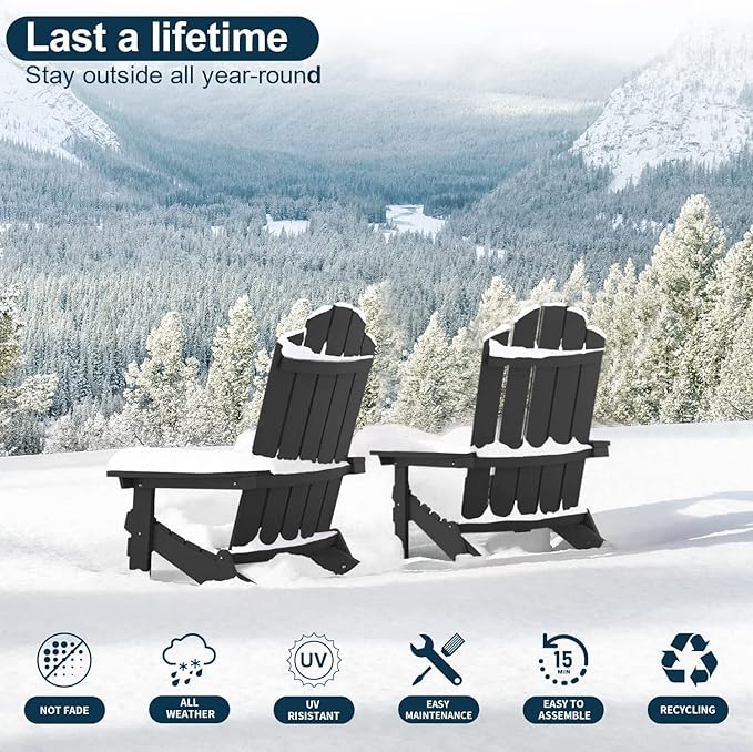 MXIMU Folding Adirondack Chair Set of 8 Weather Resistant Fire Pit Chairs Easy Assemble HIPS Plastic Outdoor Modern Adirondack Chairs for Patio, Lawn, Garden, Backyard, Deck(Black)