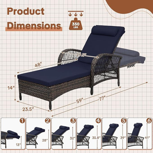 HOMEDIARY 2-Piece Outdoor Wicker Lounge Chairs with Cushion, Rattan Patio Chaise Loungers with 6-Level Backrest, All Weather Lay Flat Pool Sunbathing Recliner Chair, Armrest and Head Pillow, Navy Blue