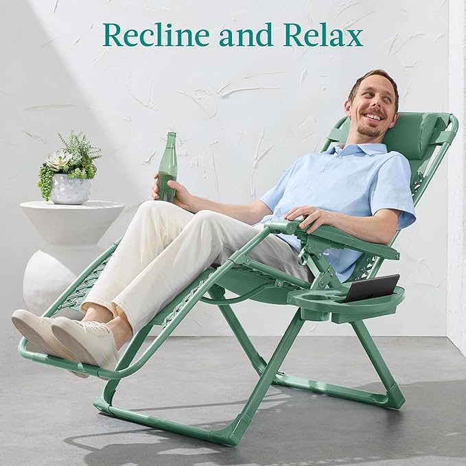 Best Choice Products Adjustable Zero Gravity Chair, Monochromatic Color Folding Patio Recliner w/Side Tray, Headrest - Seafoam