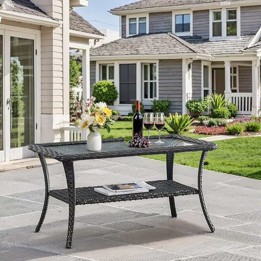 Outdoor Coffee Table - Patio Rattan Wicker Coffee Table with Tempered Glass Top and 2-Tier Storage Outdoor Table for Deck Porch Balcony Garden - Brown