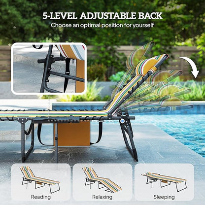 Outsunny Folding Chaise Lounge Chair Outdoor Tanning Chair with Side Table, 5-Level Adjustable Beach Lounge Chair with Headrest, Side Pocket for Patio, Backyard, Beach, Poolside, Mixed Color