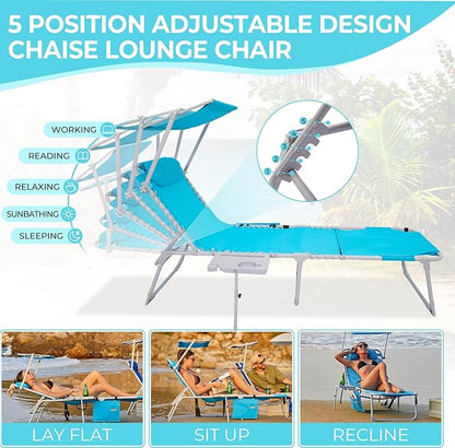 #WEJOY 4 in 1 Tanning Chair with Face Hole & Canopy & Side Table, 5 Positions Adjustable Folding Waterproof Facedown Chaise Lounge with Pillow Quick Dry for Beach Pool Outdoor Camping Patio (Blue)