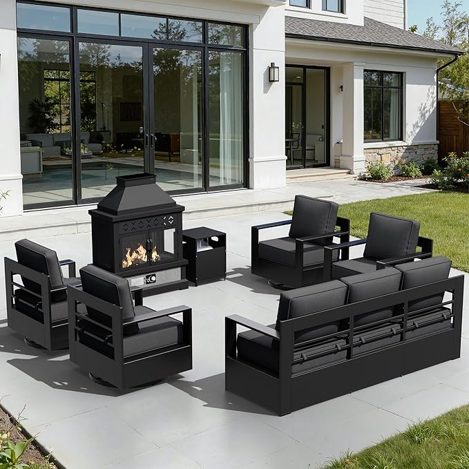 Outdoor Aluminum Furniture Set, 5-Piece Patio Conversation Set, 4 Swivel Chairs, 1 Sofa and 1 Fireplace - Photo 1