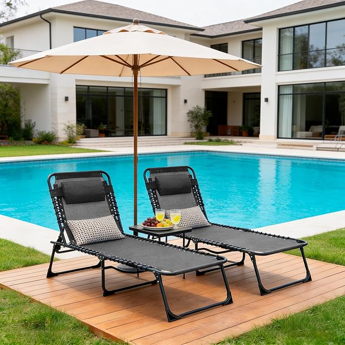 Folding Chaise Lounge Chair, Patio Teslin Tanning Chair, Outdoor Chaise Lounger with 5-Position Reclining Back, Breathable Mesh Seat for Beach, Poolside, Patio Sunbathing