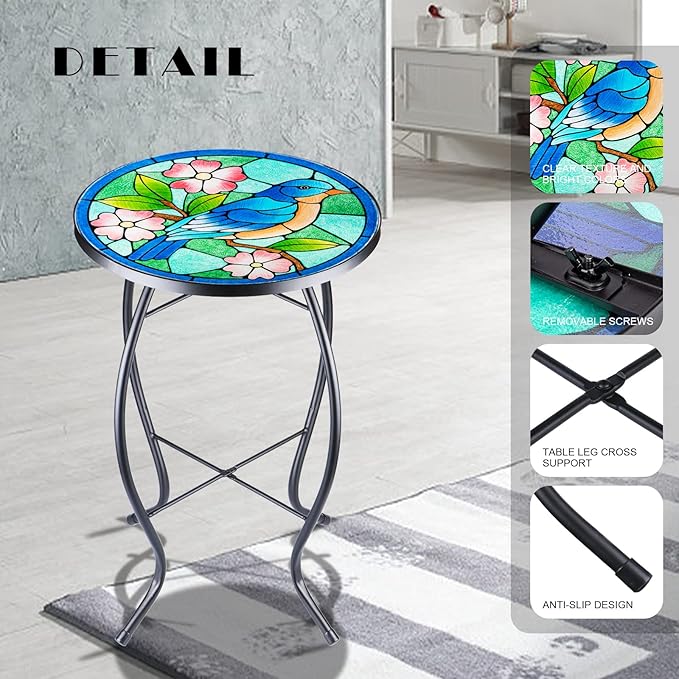 VCUTEKA Patio Side Table Outdoor Accent Table Bistro Coffee Table Plant End Table Small Porch Table Indoor Round Glass Balcony Bluebird Plant Table Stands