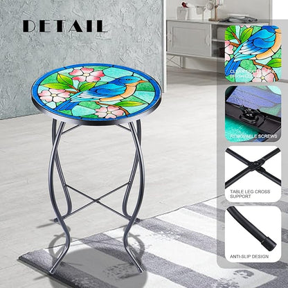 VCUTEKA Patio Side Table Outdoor Accent Table Bistro Coffee Table Plant End Table Small Porch Table Indoor Round Glass Balcony Bluebird Plant Table Stands