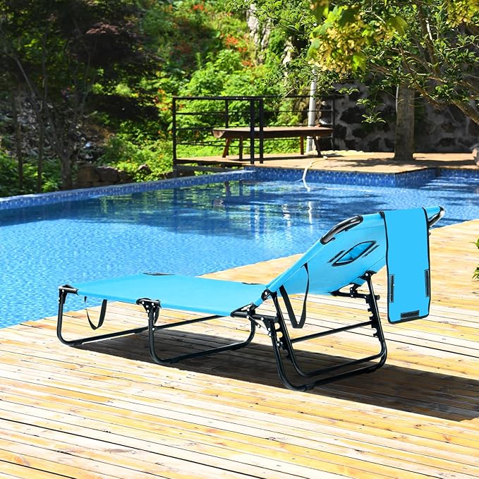 GYMAX Tanning Chair, 330lbs Beach Lounge Chair with Face Hole, Washable Pillow & Carry Strap, Adjustable Folding Chaise Lounge, Layout Lounger for Outside, Patio, Poolside, Lawn (2, Arctic)