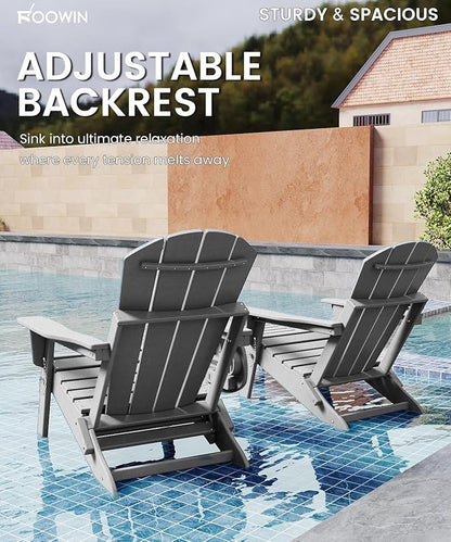 FOOWIN Folding Adjustable Adirondack Chair with Retractable Ottoman Set of 4, HDPE Adirondack Chair w/4 in 1 Cup Holder Trays,All-Weather Resistant Fire Pit Chair for Outdoor Patio Lawn, White Grey