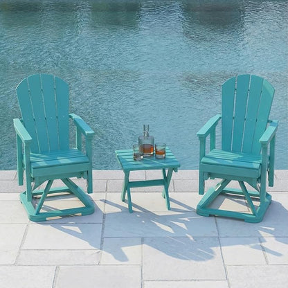 HDPE Swivel Glider Chair Set of 2 with Folding Side Table, Wooden Textured Adirondack Outdoor Swivel Chairs for Porch, Balcony, Poolside, Backyard (Aruba Blue)