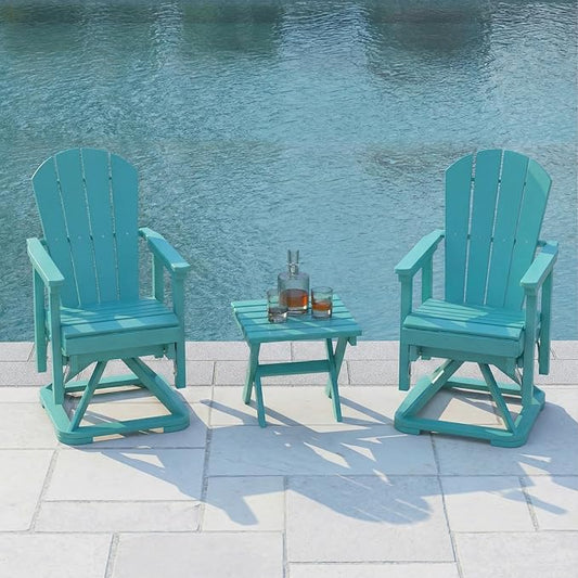 HDPE Swivel Glider Chair Set of 2 with Folding Side Table, Wooden Textured Adirondack Outdoor Swivel Chairs for Porch, Balcony, Poolside, Backyard (Aruba Blue)