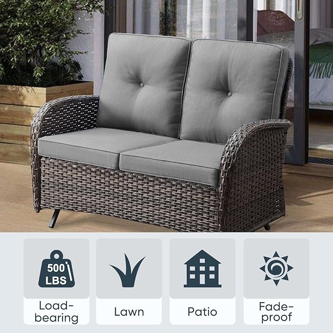 Belord Outdoor Glider Bench Patio Loveseat - 500 Lbs Weight Capacity 2 Seater Wicker Sofa, Small Porch Glider Furniture All Weather Rattan Couch with Removble Cushion for Balcony Deck Backyard, Brown