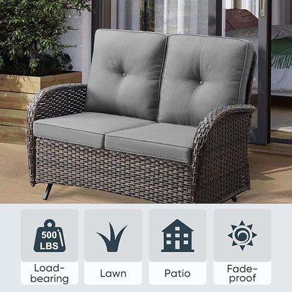 Belord Outdoor Glider Bench Patio Loveseat - 500 Lbs Weight Capacity 2 Seater Wicker Sofa, Small Porch Glider Furniture All Weather Rattan Couch with Removble Cushion for Balcony Deck Backyard, Brown