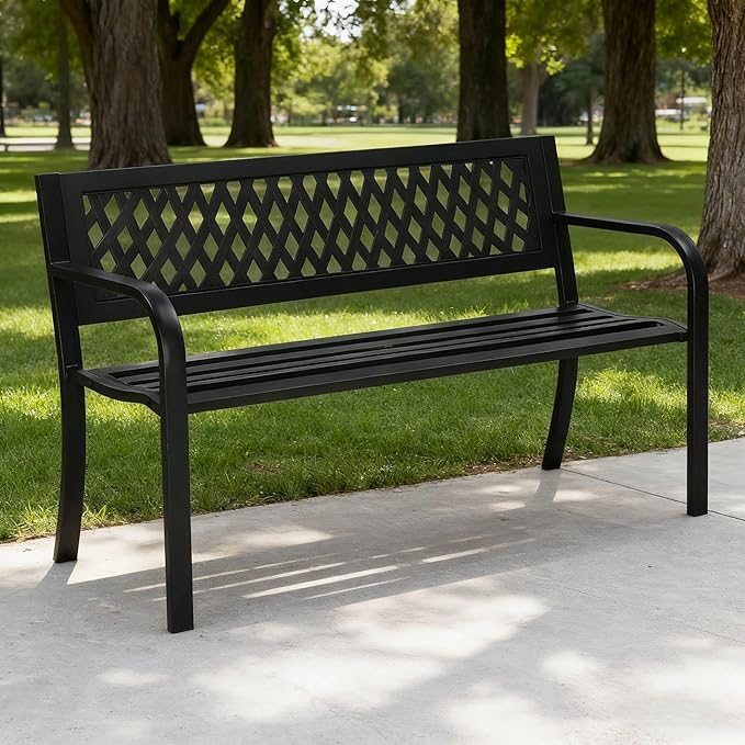 47" Outdoor Bench,Metal Outside Benches for Garden,Patio,Front Porch, Park, Yard, with Armrest and PVC Backrest,Weather Resistant,Iron,Support up to 550lbs,Black