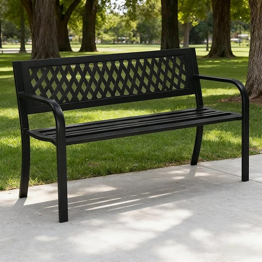 47" Outdoor Bench,Metal Outside Benches for Garden,Patio,Front Porch, Park, Yard, with Armrest and PVC Backrest,Weather Resistant,Iron,Support up to 550lbs,Black