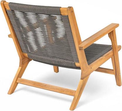 Christopher Knight Home Veera Patio Lounge Chair Set of 2, Acacia Wood Frame, Handwoven Rope, Mid-Century Modern, Dark Grey & Teak
