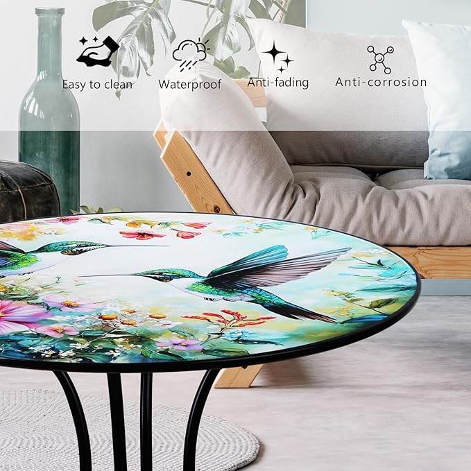 Outdoor Side Table, Hummingbird & Flower Round Accent Table, 18" Metal Indoor Small End Tables, Plant Stand Tables for Patio Yard Balcony Garden Bedside