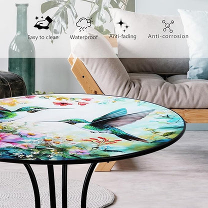 Outdoor Side Table, Hummingbird & Flower Round Accent Table, 18" Metal Indoor Small End Tables, Plant Stand Tables for Patio Yard Balcony Garden Bedside
