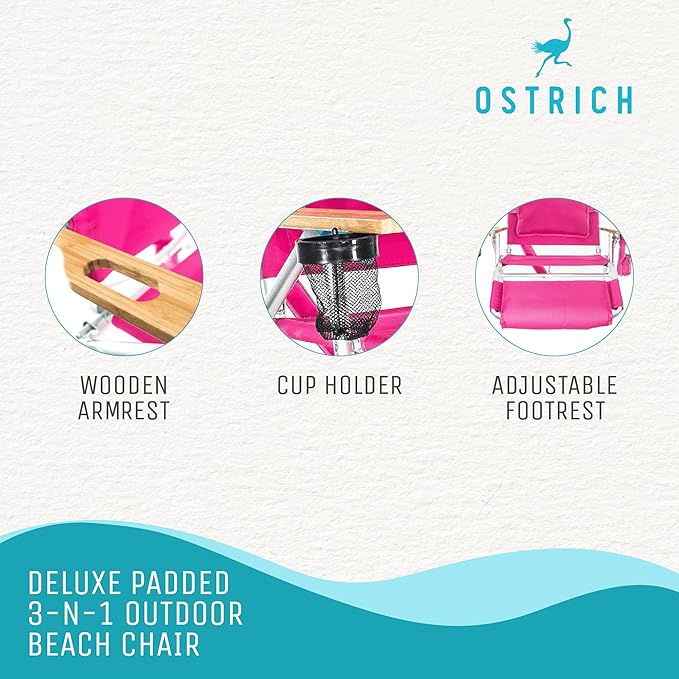 Ostrich the Deluxe 3N1 Lightweight Lawn Beach Reclining Lounge Chair with Footrest, Outdoor Furniture for Patio, Balcony, Backyard, or Porch, Pink